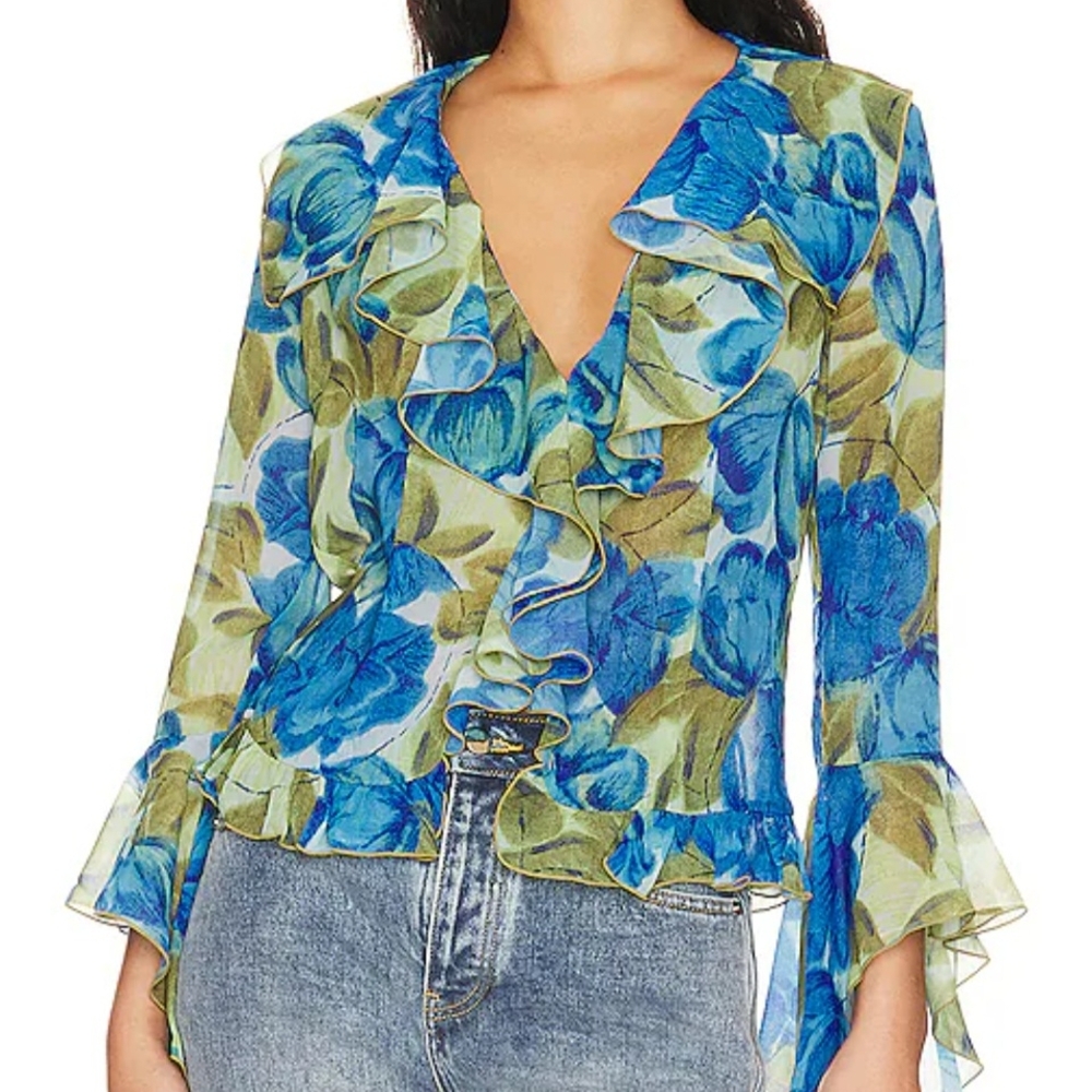 RONNY KOBO, Blue & Olive Floral Ruffle Wrap Blouse - Picture 3 of 11